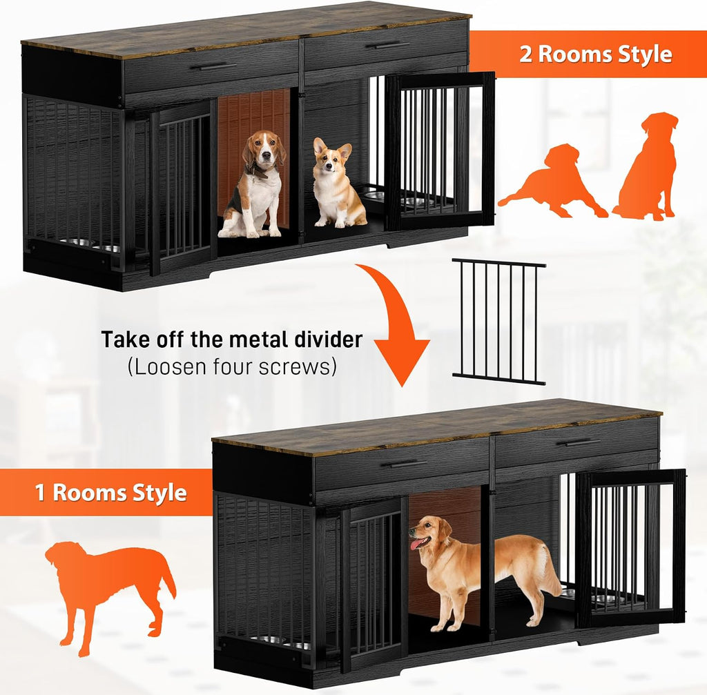 Rophefx 72' Dog Crate Furniture for 2 Dogs, Large Dog Kennel Furniture with 2 Storage Drawers and 4 Bowls, Wooden Dog Cage with Removable Divider, Indoor Dog House TV Stand for Medium Dog, Black