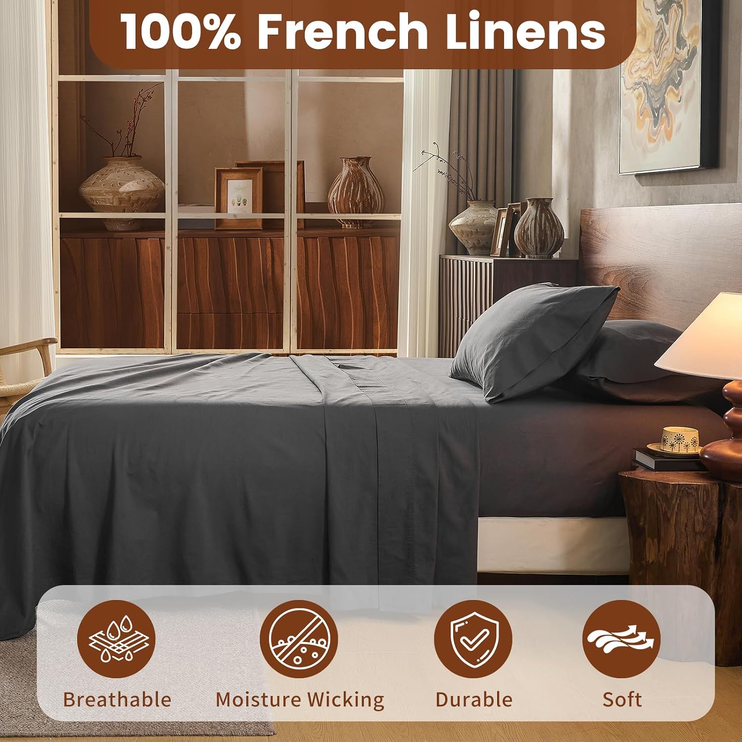 100% Linen Sheets Queen Size,Breathable & Durable 4-Piece Bed Flax Sheet Set,Soft All-Season Bedding for Hot Sleepers 16' Deep Pocket Oeko-TEX Certified,（Queen, Dark Grey）