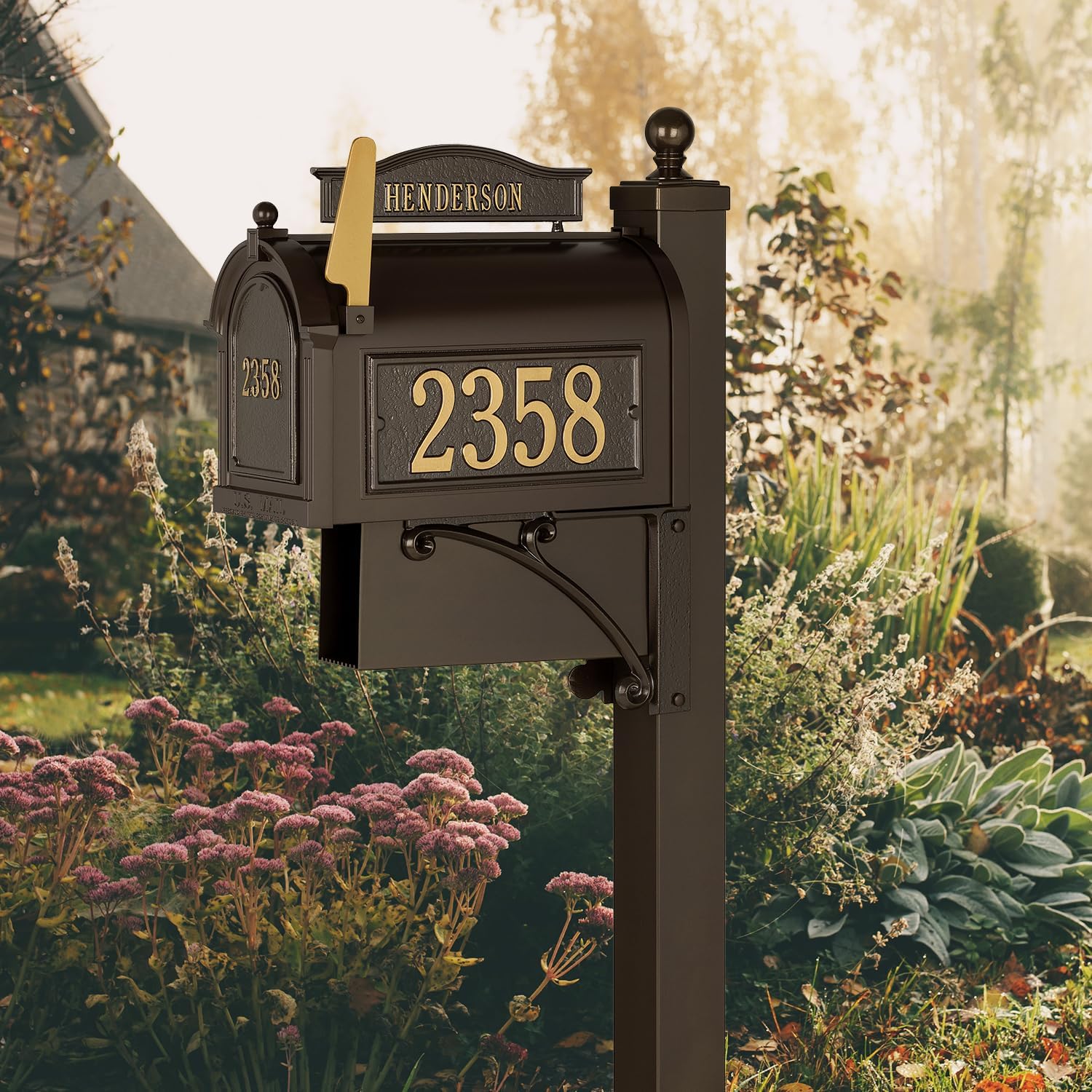 Whitehall Ultimate Mailbox Package, Personalized Large Mailbox with Post and Address Plaque for Outside - Bronze/Gold