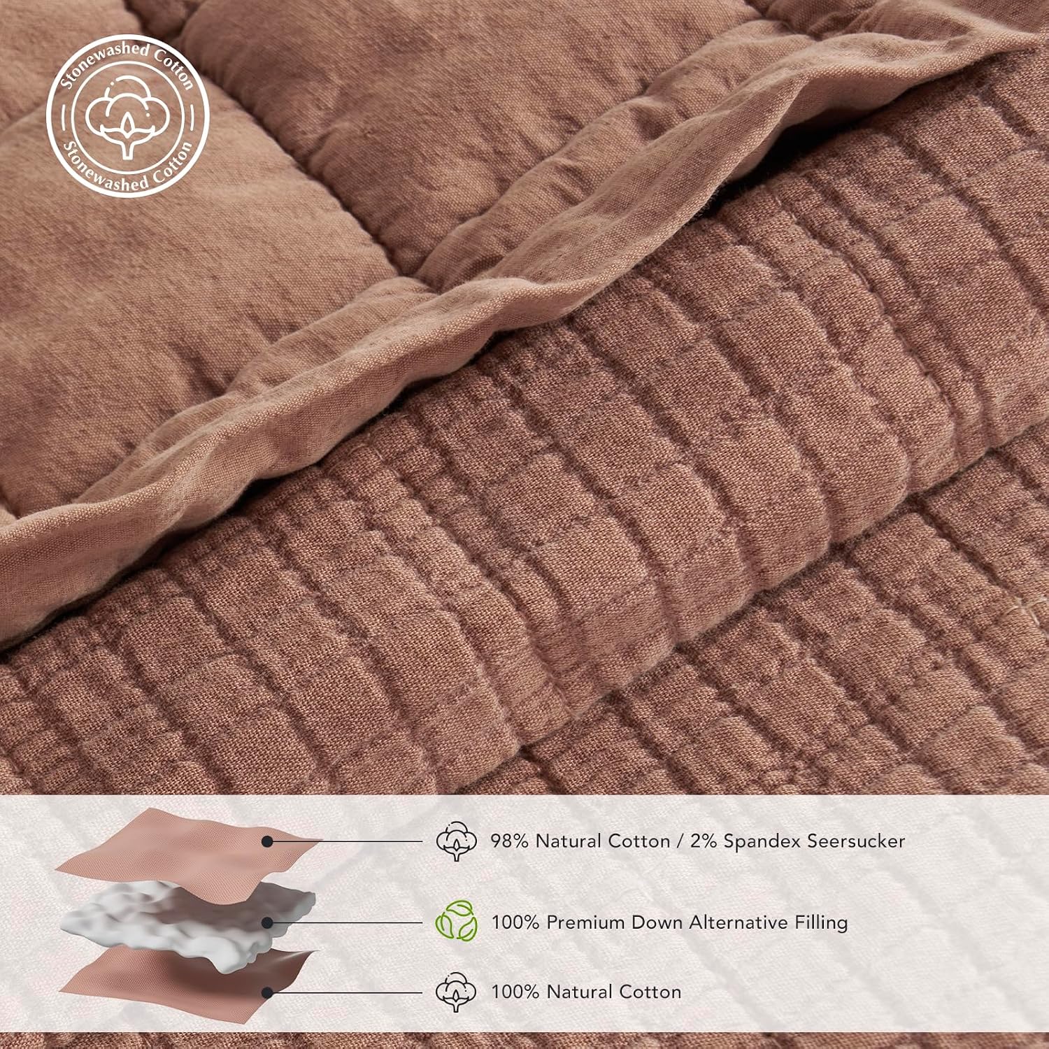 EVERGRACEHOME Stonewashed Cotton Quilt Set King Size, Ultra Soft Oversized Bedspread Coverlet Set, Lightweight Crinkle Box Stitch Bedding Sets for All Season, with 2 Shams, Terracotta Clay