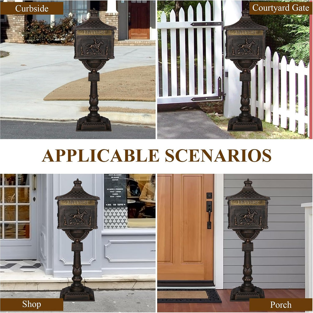 Mailbox, Heavy Duty Cast Aluminum Postal Box, Mail Box with 2 Keys for Courtyard Villa Decoration - Bronze