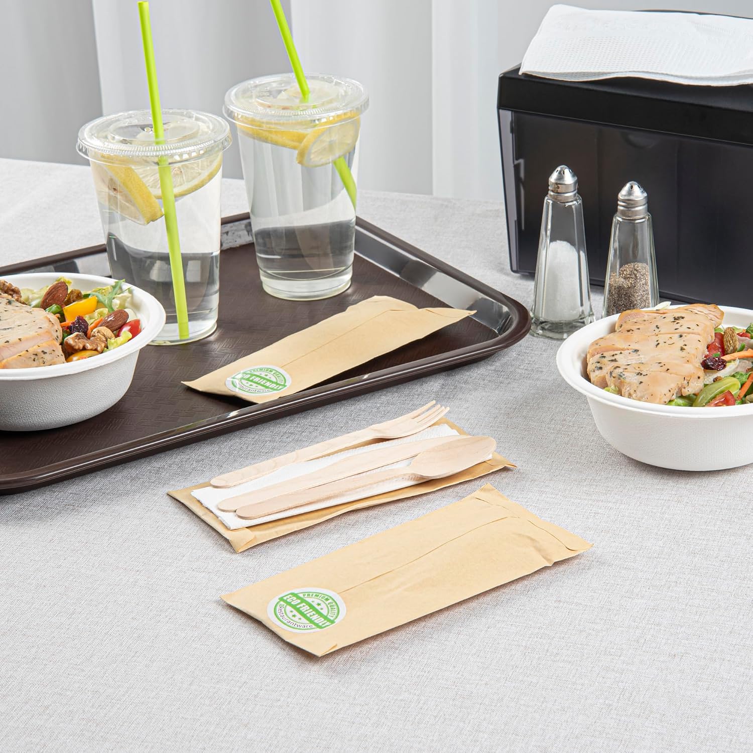 Restaurantware Eco Luxe 7 x 3.5 Inch Wooden Cutlery Set 100 Disposable Take Out Utensils - Includes White Napkin Prepackaged Birch Wood Utensil Sets Sustainable For Parties Or Picnics
