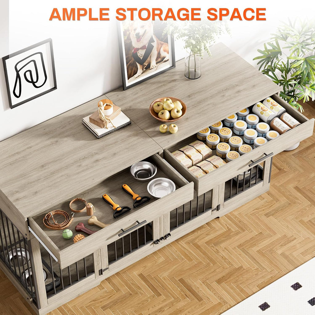 Rophefx 72' Dog Crate Furniture for 2 Dogs, Large Double Dog Kennel Indoor Furniture with 2 Storage Drawers and Removable Divider, Wooden Dog Cage with 4 Bowls, Dog House TV Stand for Medium Dog, Grey