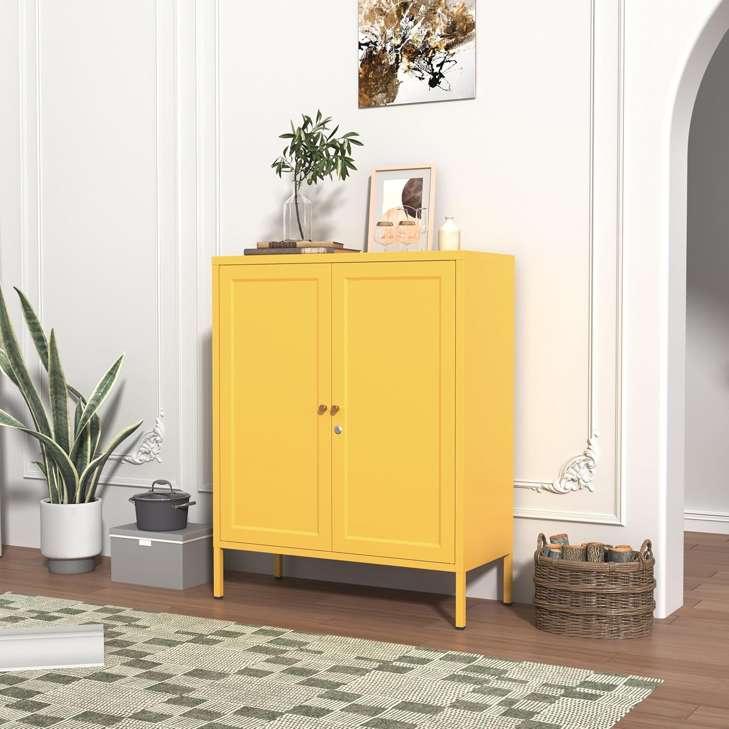 Lockable Metal Storage Cabinet Double Door Metal Cabinet Home Decor Cabinet with Adjustable Shelves Coffee Bar Cabinet Suitable for Living Room and Dining room Yellow : 13.8'D x 31.5'W x 36'H