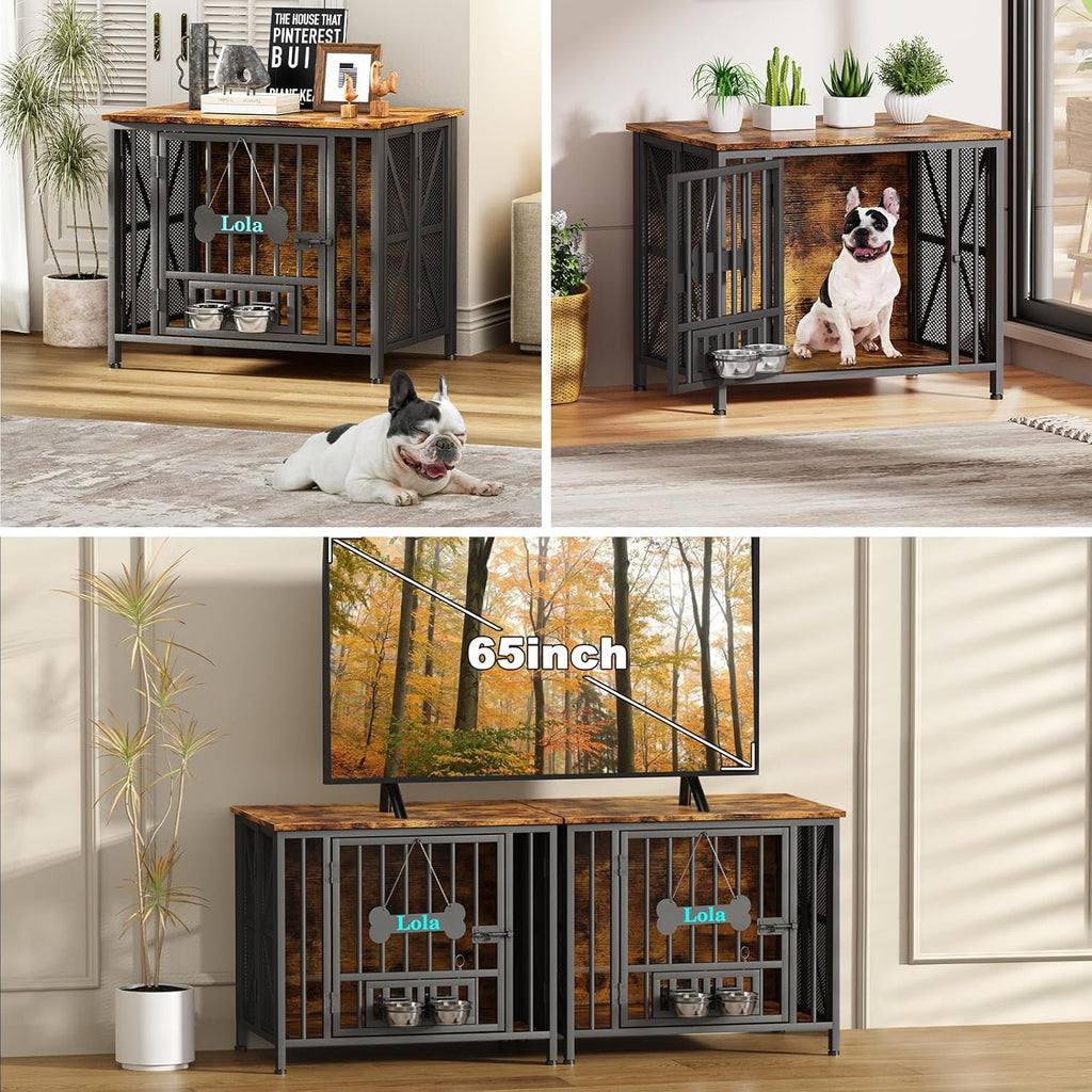 Easycom Dog Crate Furniture, 31.5' Assembly-Free Dog Crates for Small & Medium Dogs, Foldable Dog Kennel Indoor with Tag & Adjustable Dog Bowls, Wooden Dog Cage Use as End Table, Rustic Brown