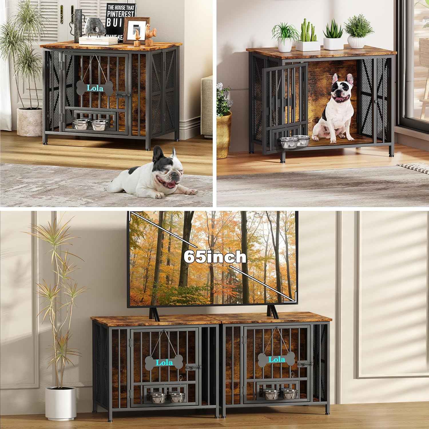 Easycom Dog Crate Furniture, 31.5' Assembly-Free Dog Crates for Small & Medium Dogs, Foldable Dog Kennel Indoor with Tag & Adjustable Dog Bowls, Wooden Dog Cage Use as End Table, Rustic Brown