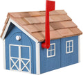 Amish Cedar Roof Wooden Mailbox with Window & Door Trim (Wedgewood Blue with White Trim)