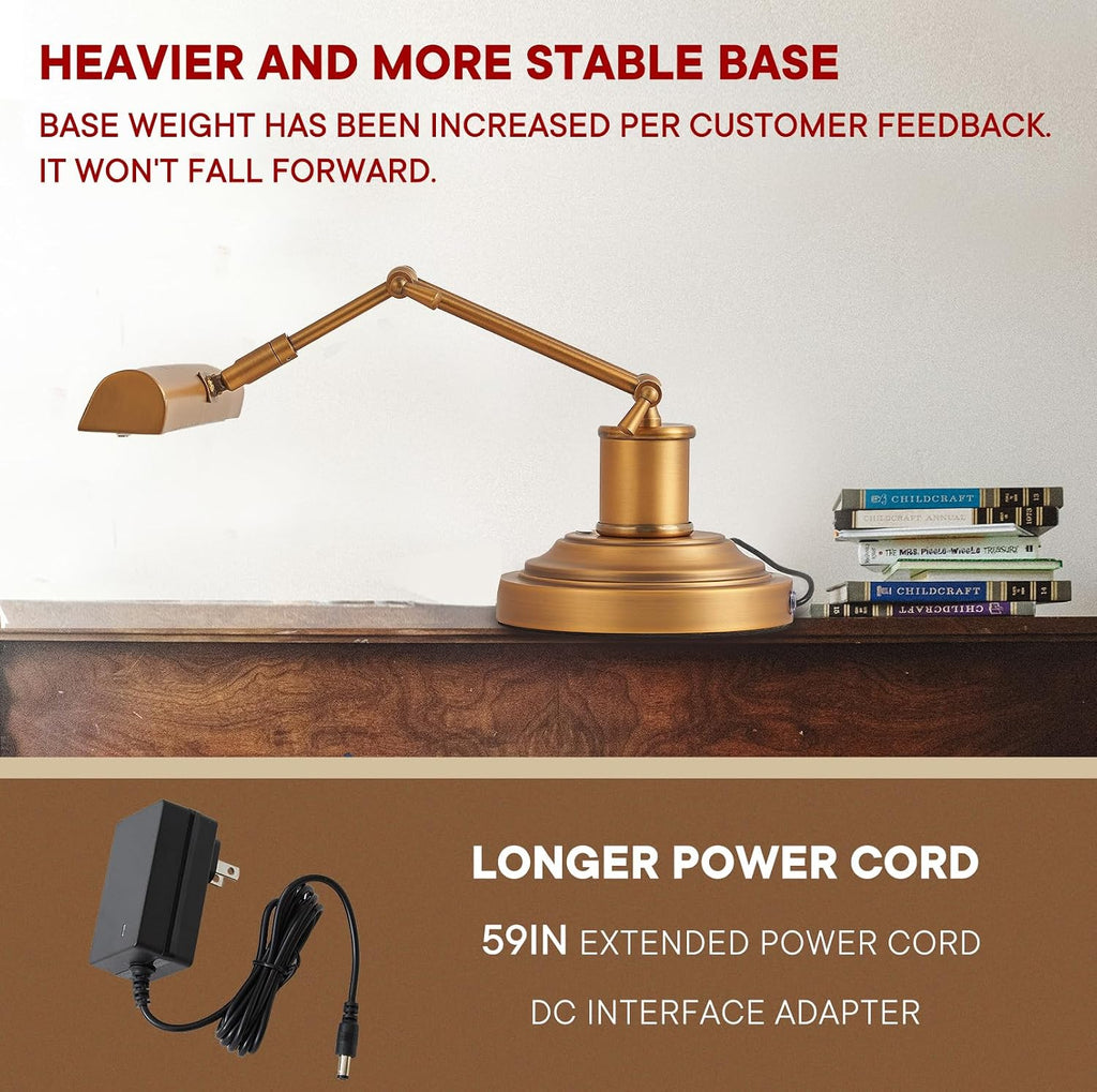 Piano Light for Grand/Upright Pianos, Vintage Piano Lamp, LED Music Stand Light with 3 Color Temperature, Stepless Dimming, Touch Control, Gold Foldable Leaning Desk Lamp for Reading, Office, Bedside