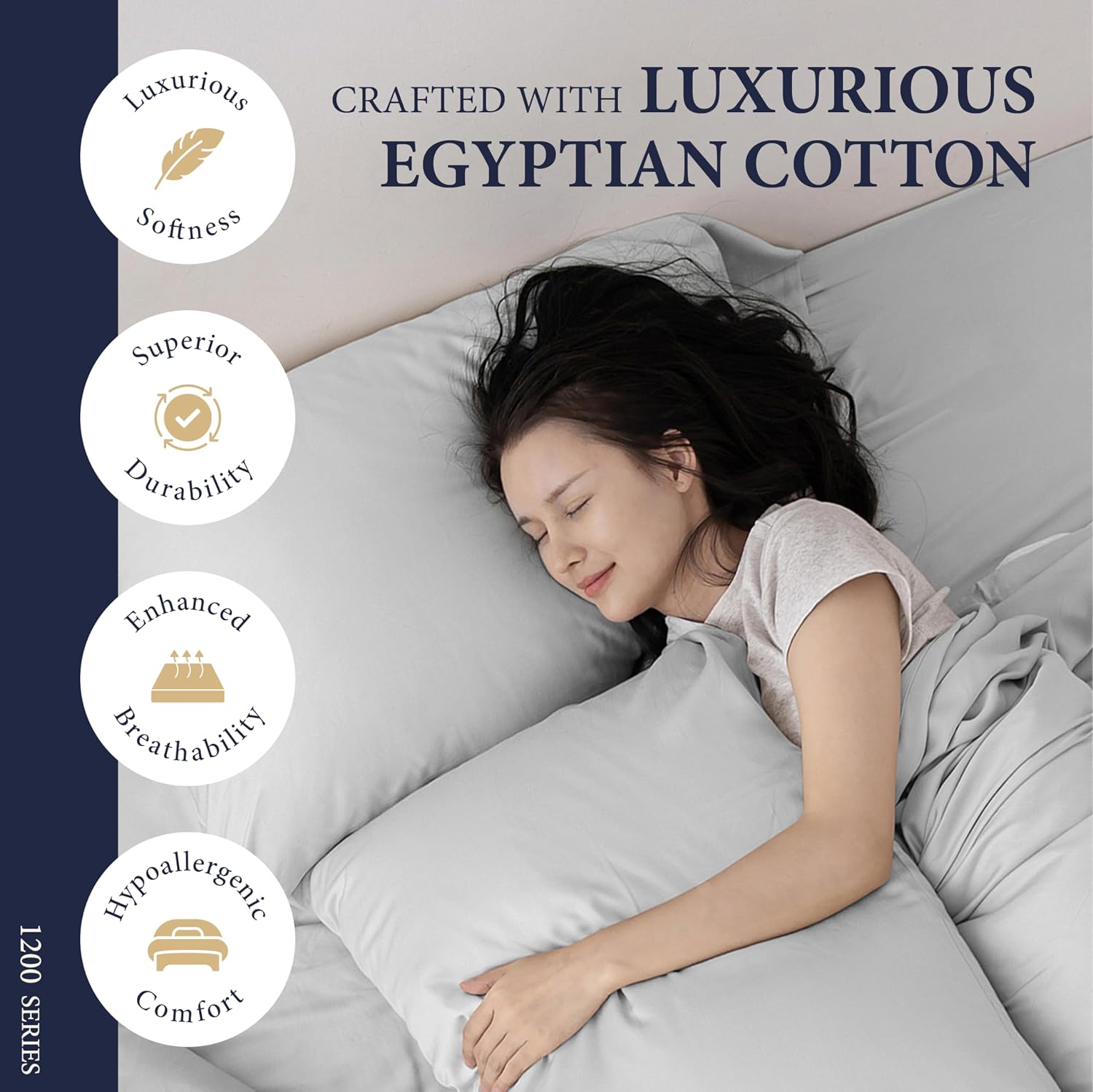 100% Egyptian Cotton King Size Sheets Set - Luxury 1200 Series Signature Collection Egyptian Cotton Sheet (4 PC, Light Grey), Soft Cooling, Sateen Weave, 17' Deep Pocket Hotel Bed Set