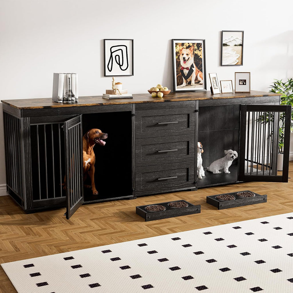 Rophefx 94.5' Dog Crate Furniture for 2 Dogs, Large Dog Kennel Furniture with 3 Storage Drawer, Wooden Dog Cage with 4 Bowls, Indoor Dog House TV Stand with Locks for Large Medium Dog, Black
