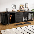 Rophefx 94.5' Dog Crate Furniture for 2 Dogs, Large Dog Kennel Furniture with 3 Storage Drawer, Wooden Dog Cage with 4 Bowls, Indoor Dog House TV Stand with Locks for Large Medium Dog, Black