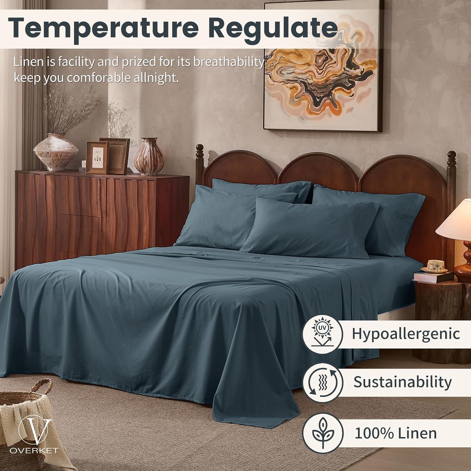 100% Linen Sheets California King Size,Breathable & Durable 4-Piece Bed Flax Sheet Set,Soft All-Season Bedding for Hot Sleepers 16' Deep Pocket Oeko-TEX Certified,（Cal King, Navy Grey）