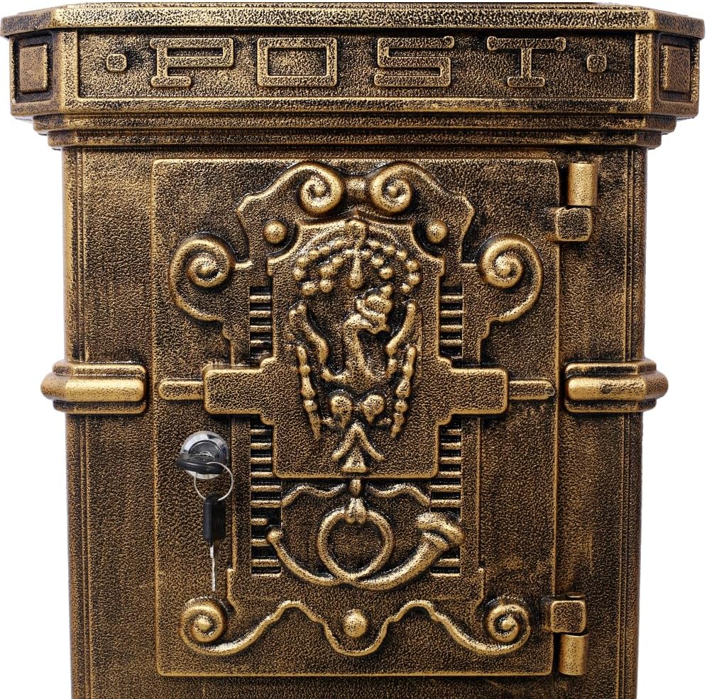 Copper Mailbox, Large Lockable Package Drop Box with Roman Statue, Rustproof Cast Aluminum Mail Boxes for Outside, Vintage Post-Mount Design, Weatherproof & Elegant Garden Letter Box (Copper)