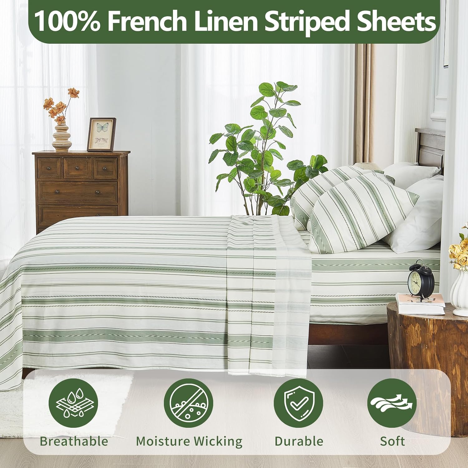 100% Linen Sheets Queen Size,Breathable & Durable 4-Piece Bed Flax Stripes Sheet Set,Soft All-Season Bedding for Hot Sleepers 16' Deep Pocket Oeko-TEX Certified,（Queen, Green Stripes）