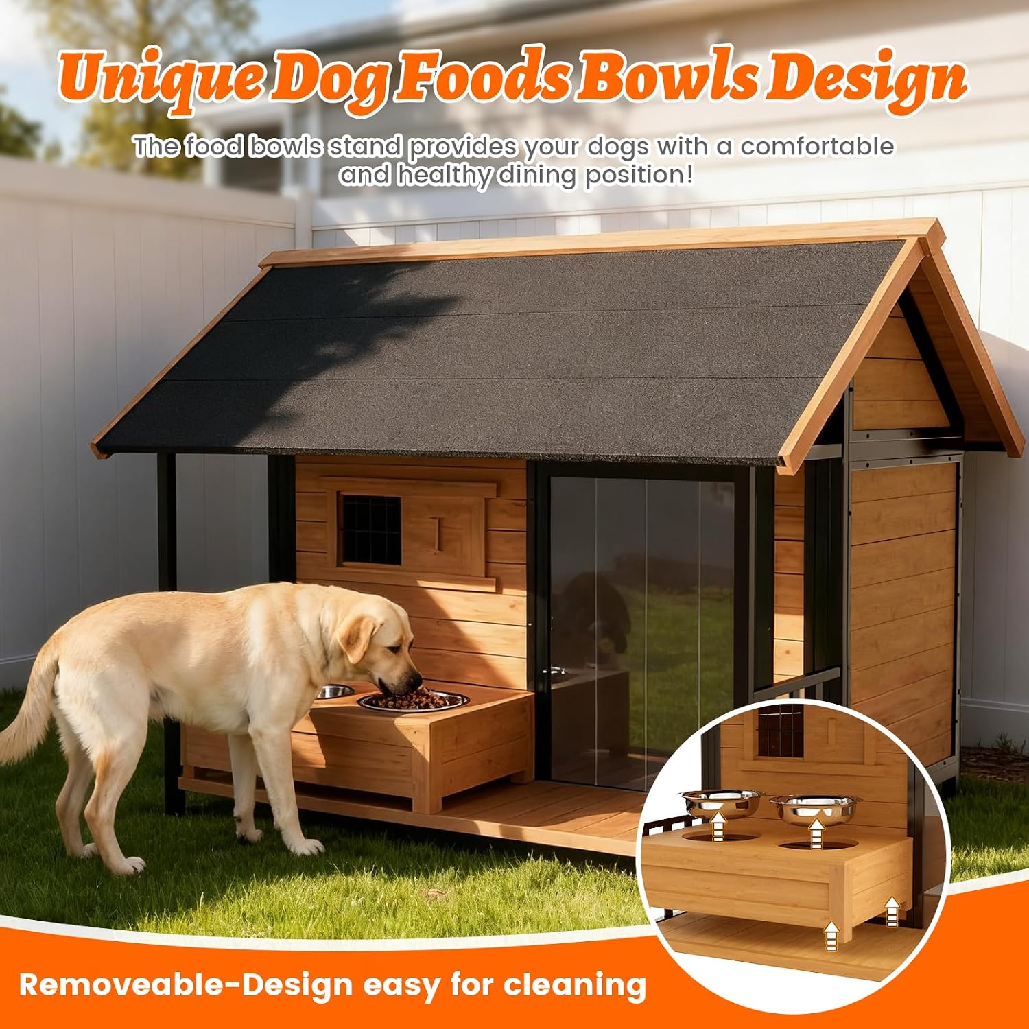 51'' Dog House with Dog Bowls Stand, Large Outdoor Dog House Kennel with Weatherproof Roof, Easy to Install Anti-Bite Design Dog Home for Outside Small Medium Large Dogs(Brown)