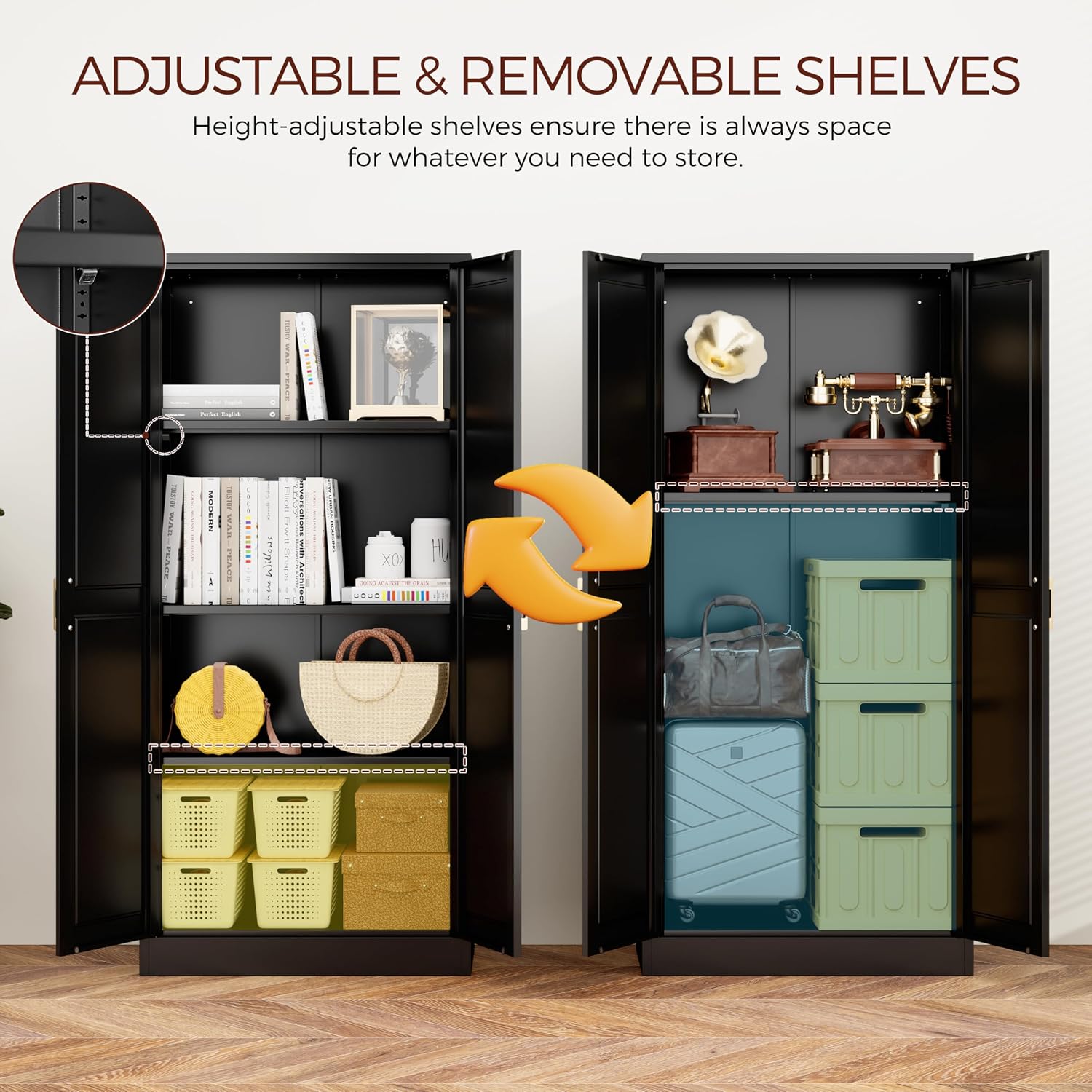 60' Tall Metal Pantry Cabinet, Black Kitchen Pantry Storage Cabinet with Doors and 3 Adjustable Shelves, Cupboard for Kitchen, Dining Room, Living Room, Bathroom