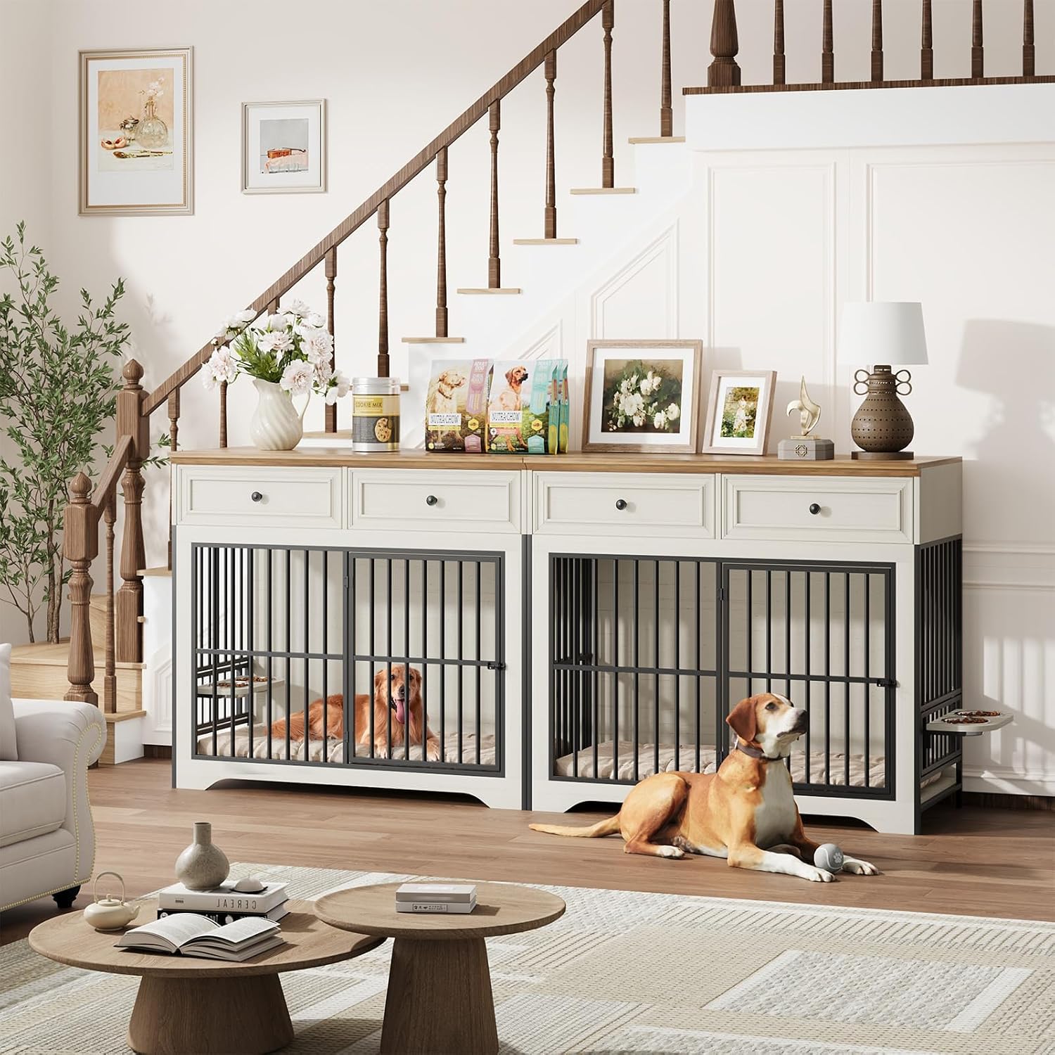 QUW 42' Modern Dog Crate Furniture, Wooden Dog Kennel for Medium to Large with 360° Rotating & 3-Levels Adjustable Height Dogs Bowl Holder, Decorative Dogs cage Pet House Indoor, Antique White