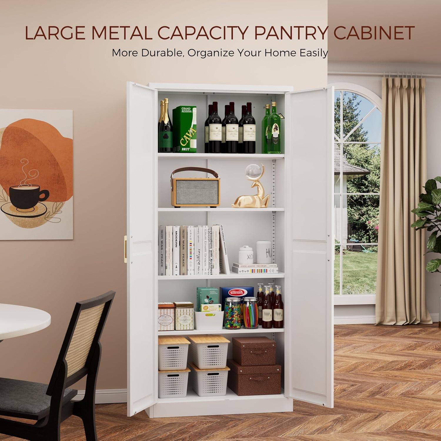71' Tall Metal Pantry Cabinet, White Kitchen Pantry Storage Cabinet with 4 Adjustable Shelves and Gold Handles, Cupboard for Kitchen, Dining Room, Living Room, Bathroom