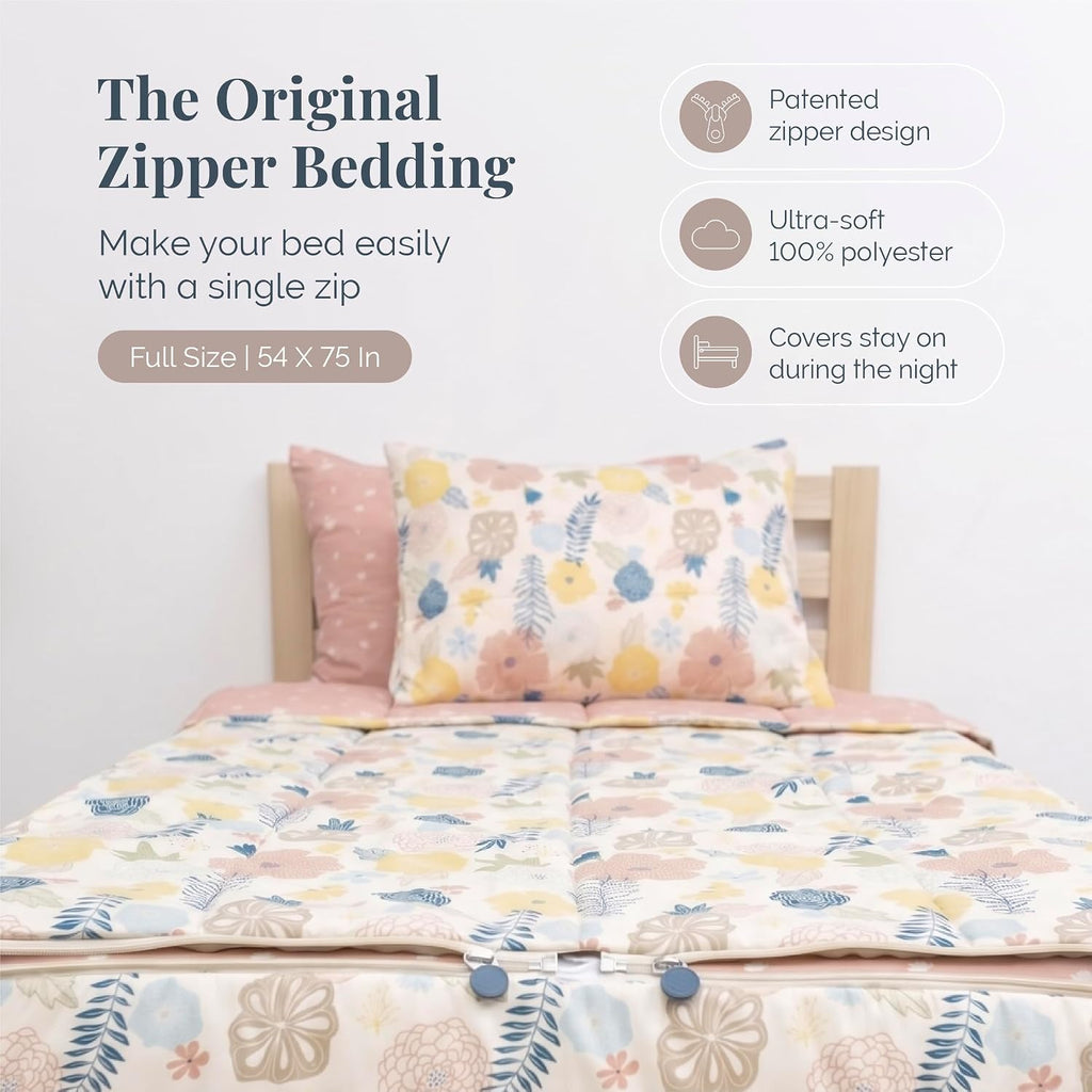 Beddy's Flower Blossoms Durable Zipper Bedding for Kids - Bed in a Bag - Pink Floral Sheets and Comforter - Includes 2 Pillowcases & 2 Shams - Easy to Make & Wash - Full
