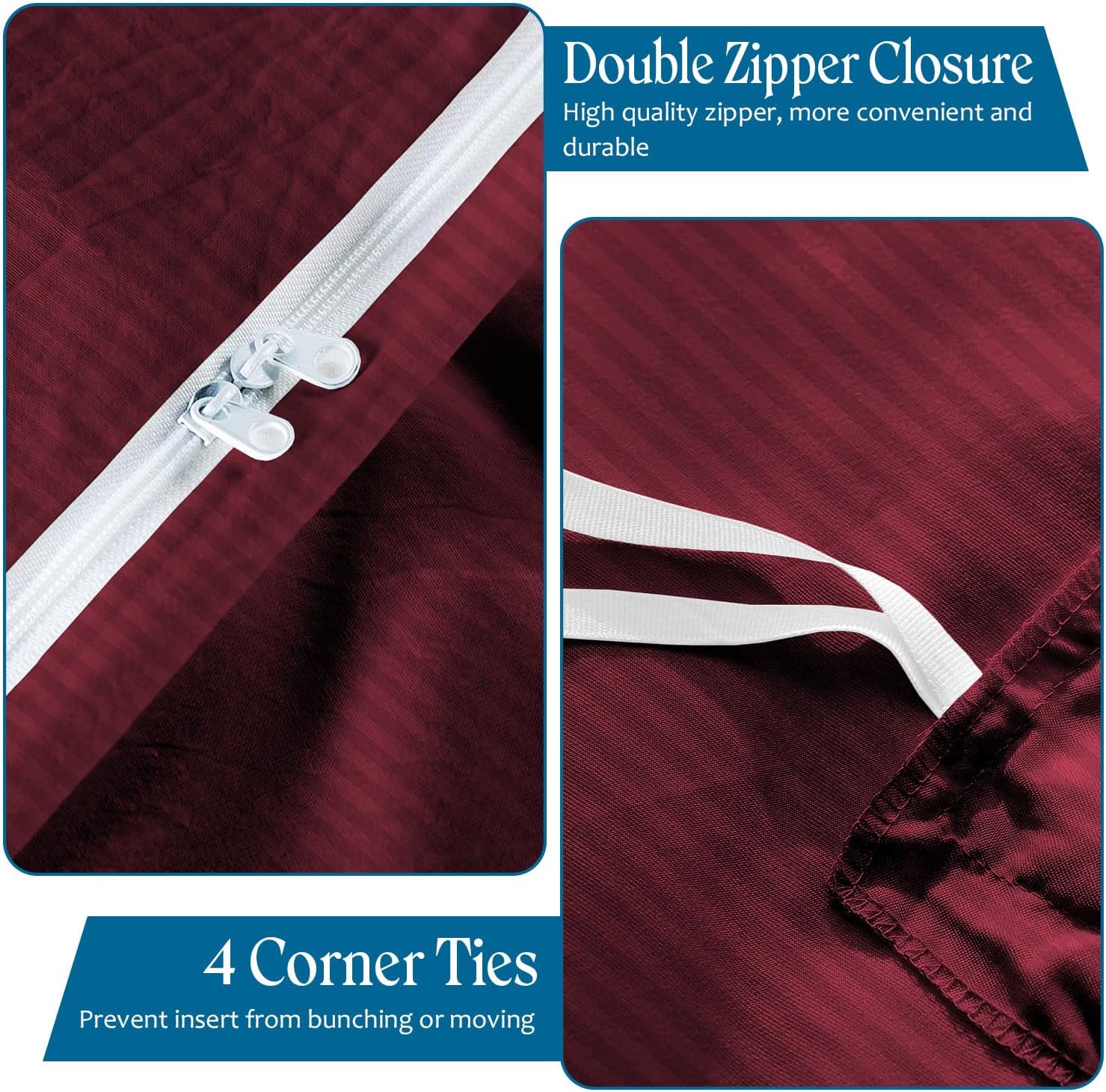800TC 3 Sided Zipper Duvet Cover Set Soft Egyptian Cotton 3 Sided Zipper Closure, 3 PCS 1-Duvet Cover & 2- Pillow Shams - Oversize Queen Size (98' x 98') Inches, (Burgundy Stripe)