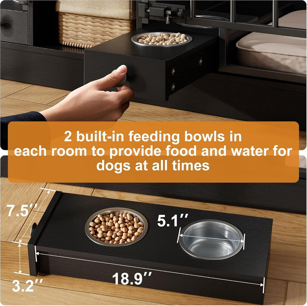 GAOMON Dog Crate Furniture for 2 Dogs, 78.7'' Large Dog Kennel Indoor with 2 Storage Drawers, 3 Shelves and Feeding Bowls, Double Dog Crate TV Stand for Small and Medium Dogs, Black