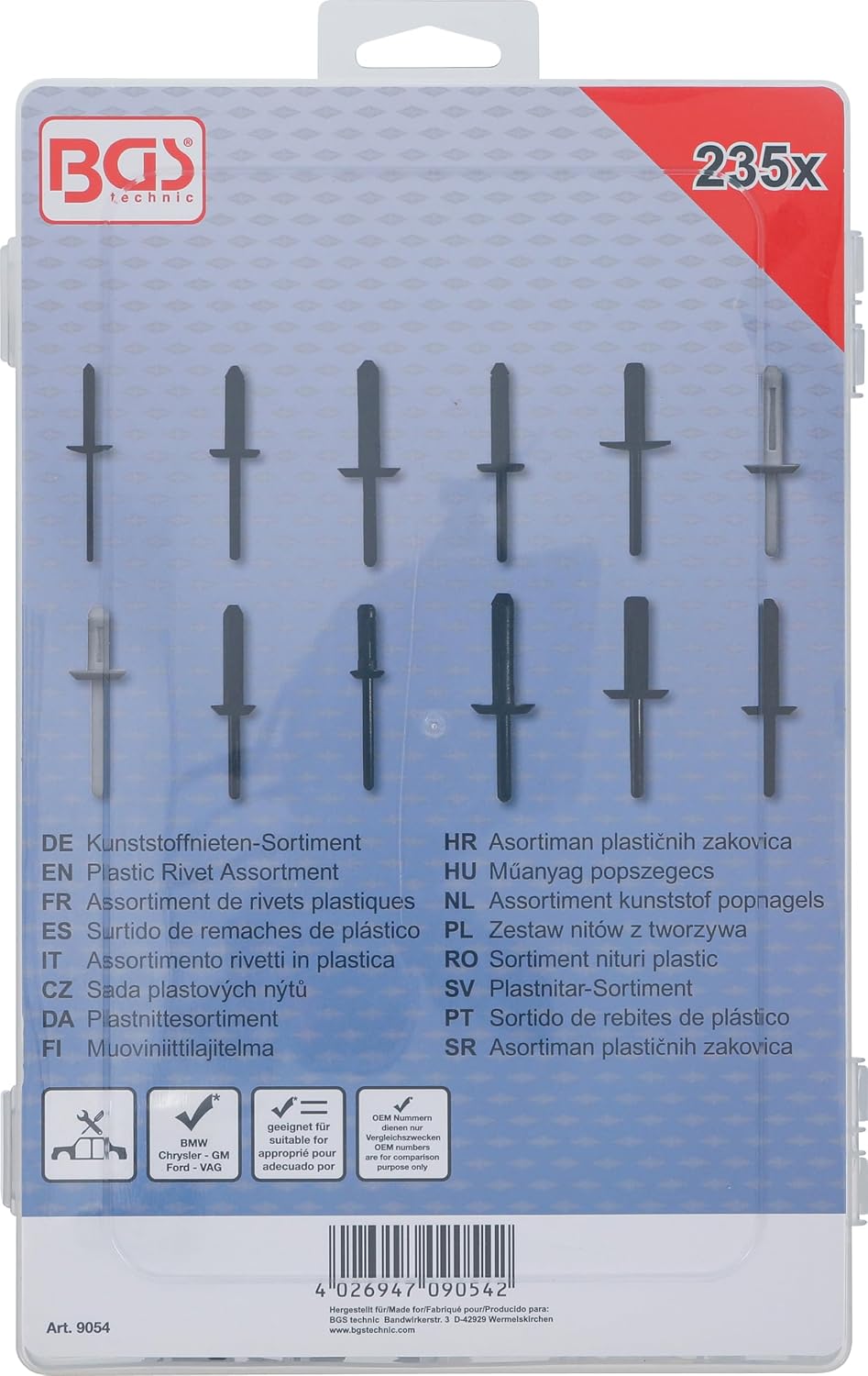 BGS Technic 9054 Plastic Rivets Assortment, 235-piece