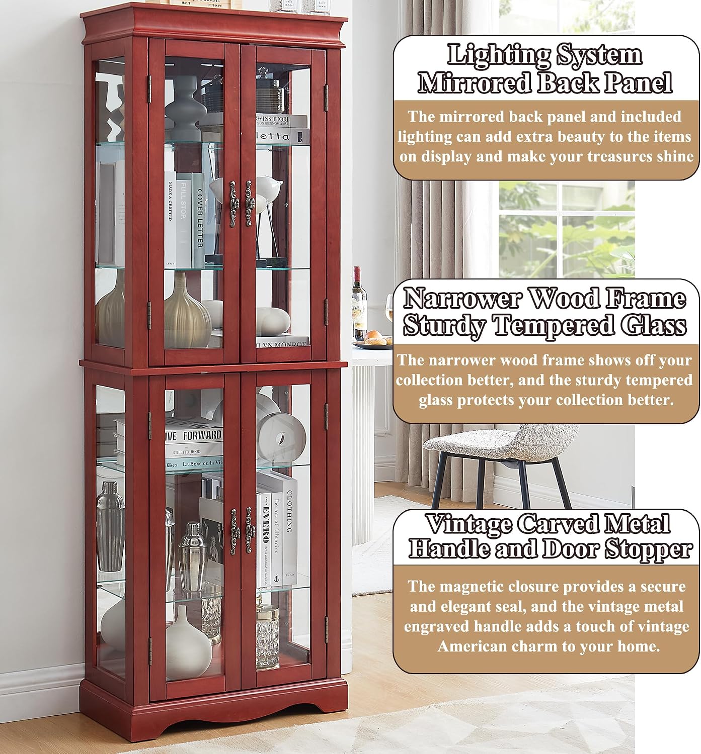 70' H Lighted Curio Cabinet Display Case, Glass Curio Cabinets with Adjustable Shelves and Tempered Glass Door, Wooden Cabinet w/Mirrored Back Pane for Living Room (Cherry)