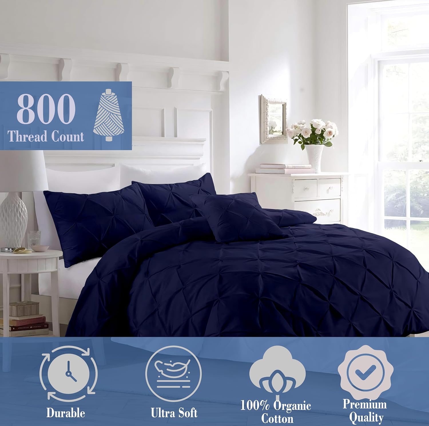 Pinch Duvet Cover Set Oversized Queen Size 1 Duvet Cover with 2 Pillow Shams 3-Pc Comforter Cover with Zipper Closure & Corner Tie 100% Egyptian Cotton Cover (98x98 Inch, Navy Blue)