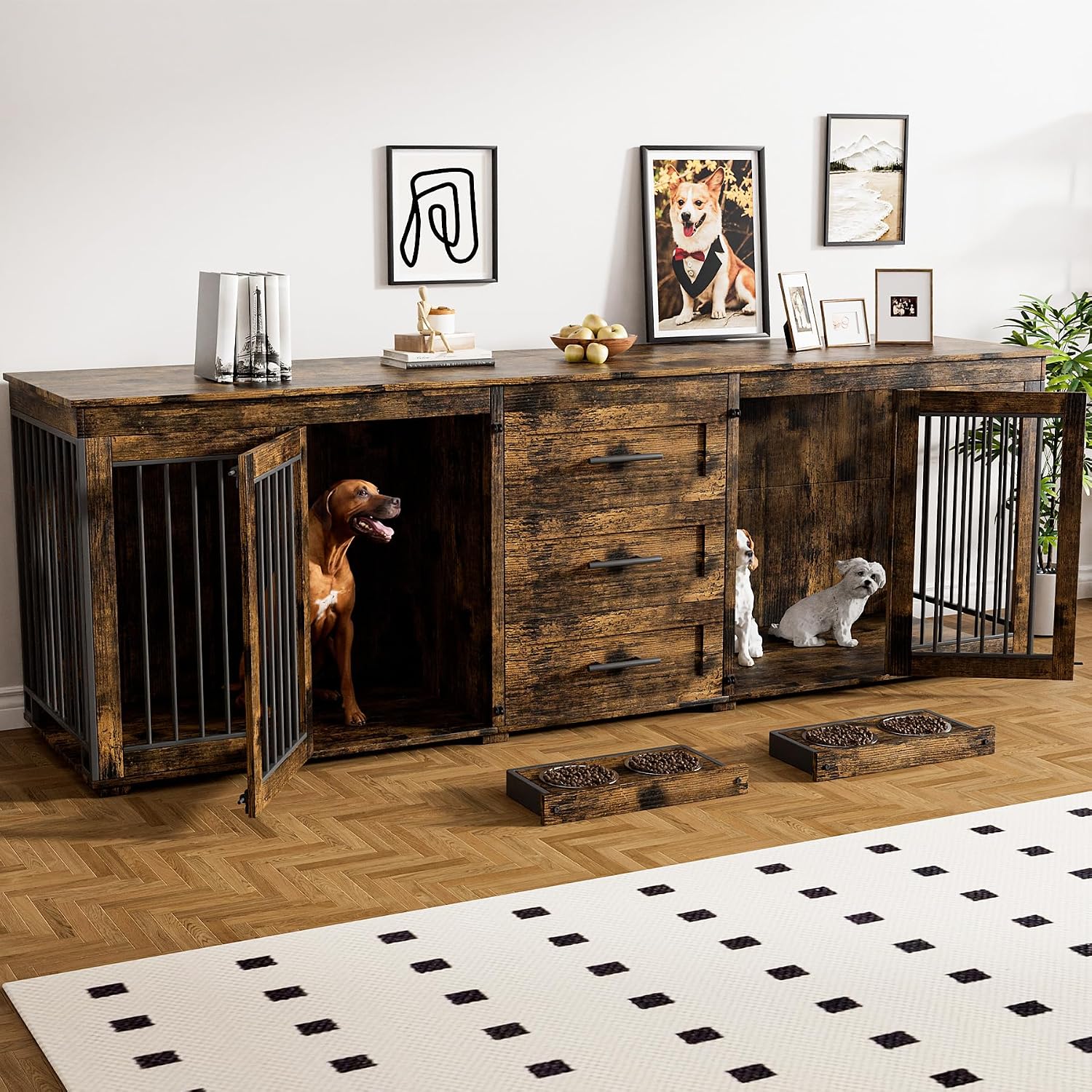 Rophefx 94.5' Dog Crate Furniture for 2 Dogs, Large Dog Kennel Furniture with 3 Storage Drawer, Wooden Dog Cage with 4 Bowls, Indoor Dog House TV Stand with Locks for Large Medium Dog, Rustic Brown