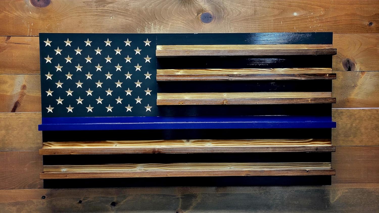 Thin Blue Line Challenge Coin Holder Display, Wooden Shelves hold 90-100 Coins, for Military, Police, Law Enforcement, First Responders, Custom Handmade Quality, Made in Texas
