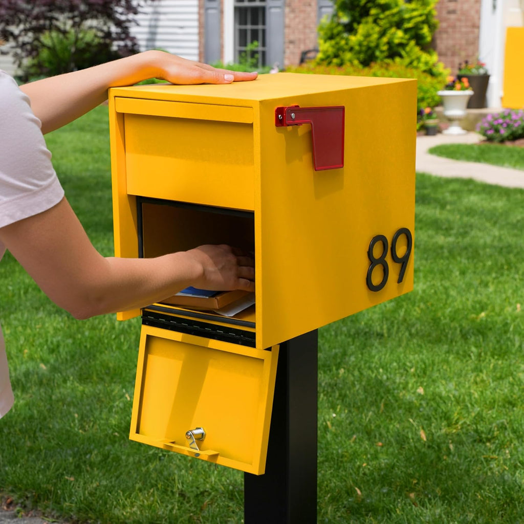 Adoorn Lockable Post Mount Mailboxes for Outside - Large Anti-Theft Locking Mailbox for Packages and Letters - Weatherproof Construction - Durable Steel - 15.5' H x 12' W x 18.5' D - Yellow
