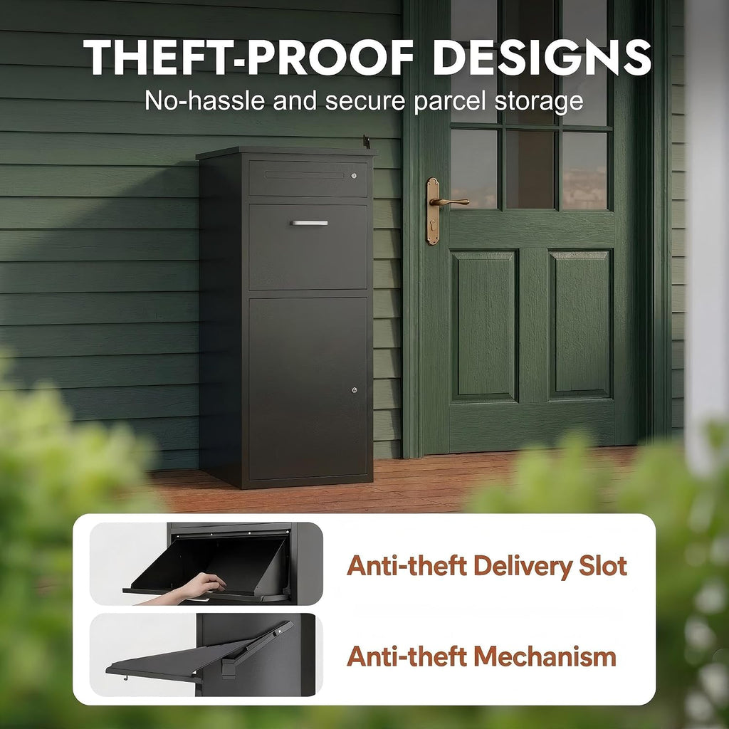 Package Delivery Boxes for Outside,44'H Steel Large Parcel Drop Box for Outdoor and Porches,Packages Mails Anti-Theft Waterproof Lock Box(Black,No Assembly Required)