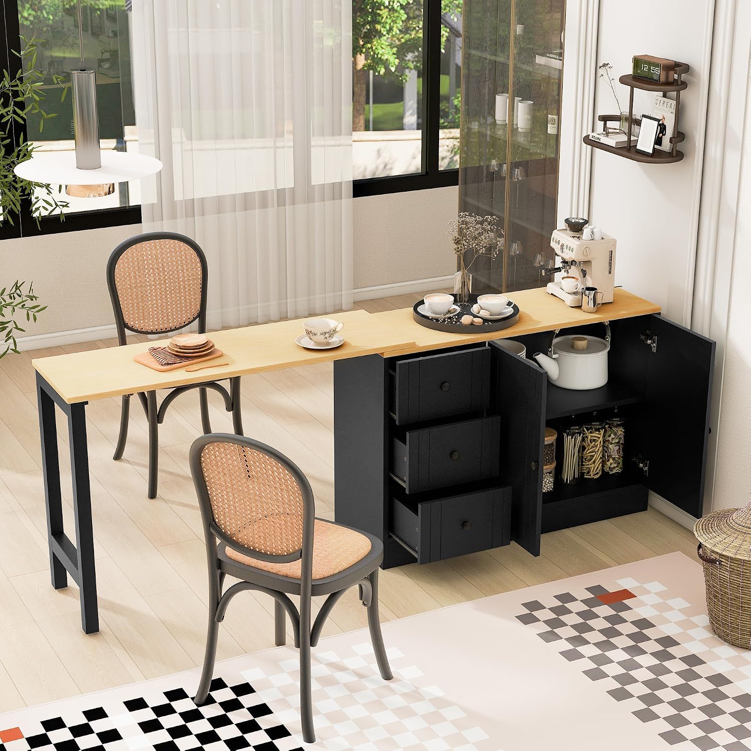 RUNNA 89.7''Wooden Sideboard with Extendable Table,Multifunctional Storage Cabinet with 2 Doors and 3 Drawers,for Living Room,Study,Foyer and Kitchen (Black+Natural#68)