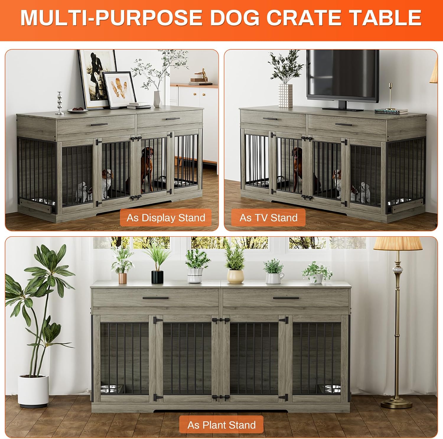 Rophefx 72' Dog Crate Furniture for 2 Dogs, Large Double Dog Kennel Indoor Furniture with 2 Storage Drawers and Removable Divider, Wooden Dog Cage with 4 Bowls, Dog House TV Stand for Medium Dog, Grey
