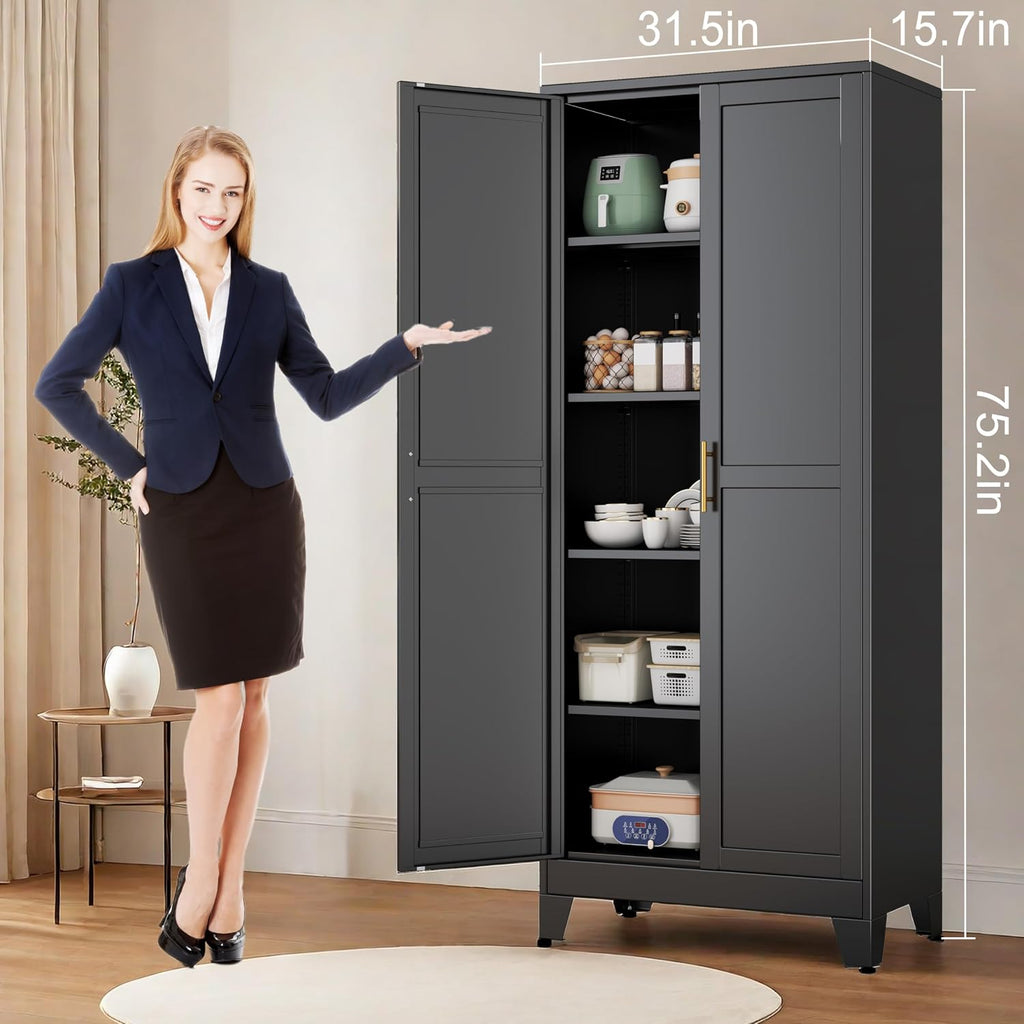 erosoei 75.2'H Metal Kitchen Pantry Storage Cabinet, Storage Cabinets with Adjustable Feet and Shelves,Food Pantries Cupboard for Kitchen, Living Room, Laundry Room and Dinning Room（Black）