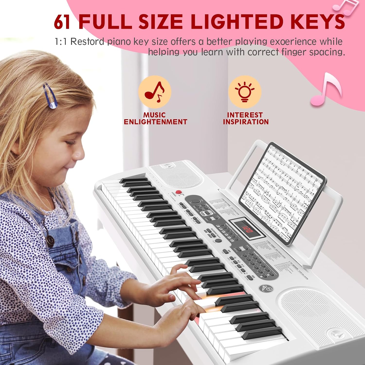Fenbeli 61 Key Keyboard Piano for Beginners, Electric Piano Keyboard with Stand and Bench, Microphone, Headphone, Sheet Music Stand, LED Screen, 200 Tones, Teaching Mode, Holiday Gift
