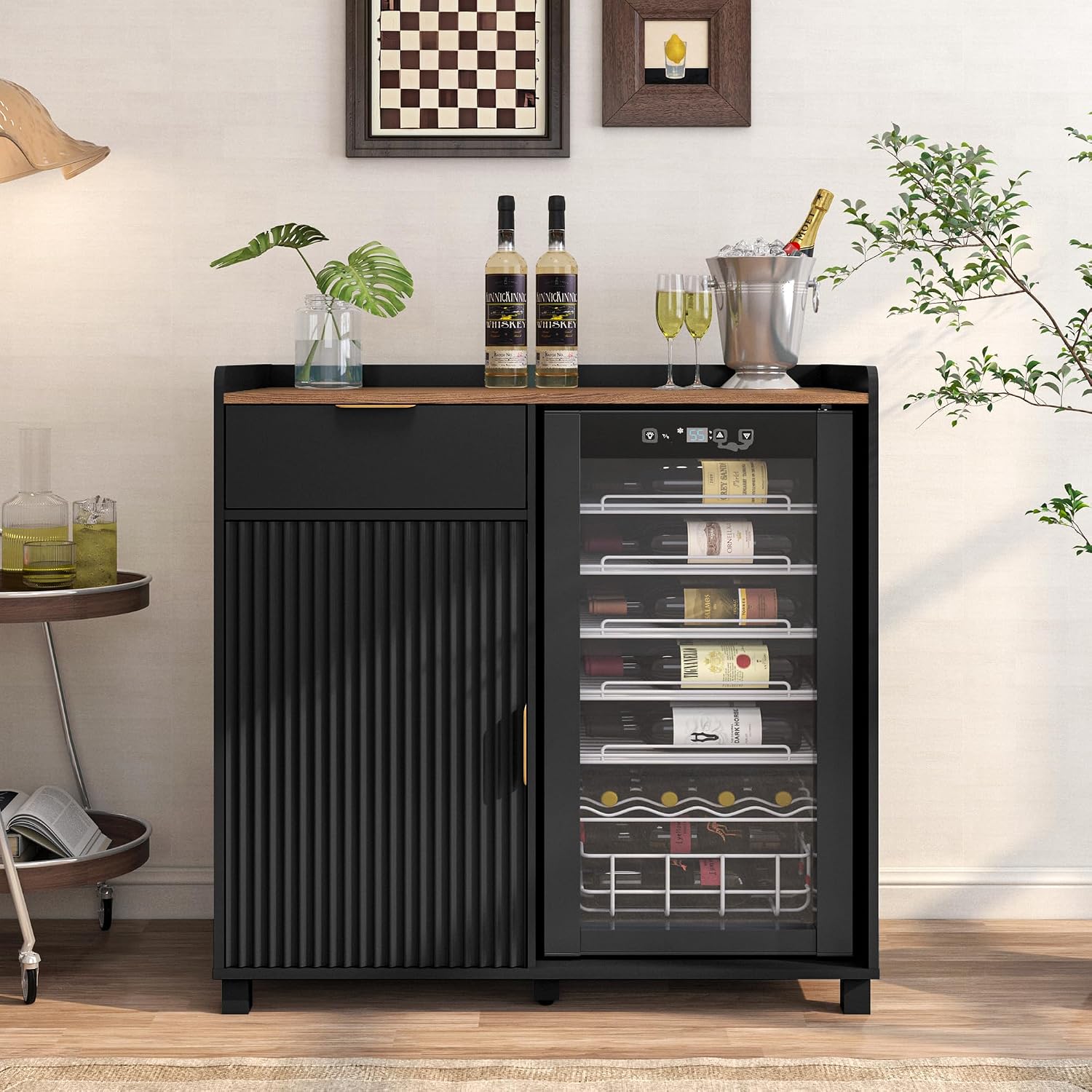 Bar Cabinet with Fridge Space&Fluted Door, Mini Fridge Cabinet with Wine Storage, Modern Sideboard Buffet Cabinet Coffee Station for Dining Room, Living Room, Kitchen, Black