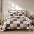Finlonte 100% Cotton Queen Quilt Set, Farmhouse Plaid Queen Quilted Bedspread, Brown Grey Beige Lightweight Comforter Bedding Set for All Season, 3-Piece