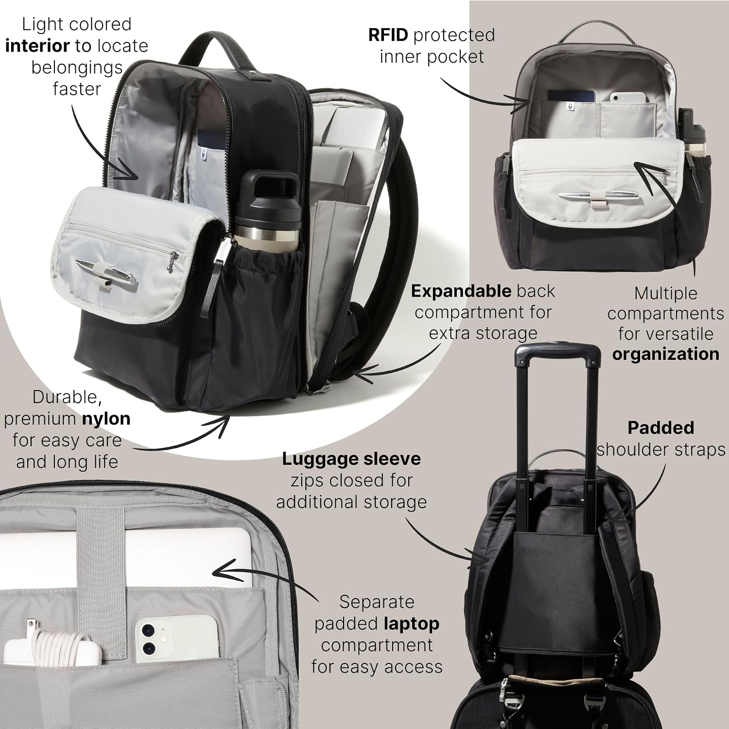 Baggallini Women's Tribeca Expandable Laptop Backpack, Black