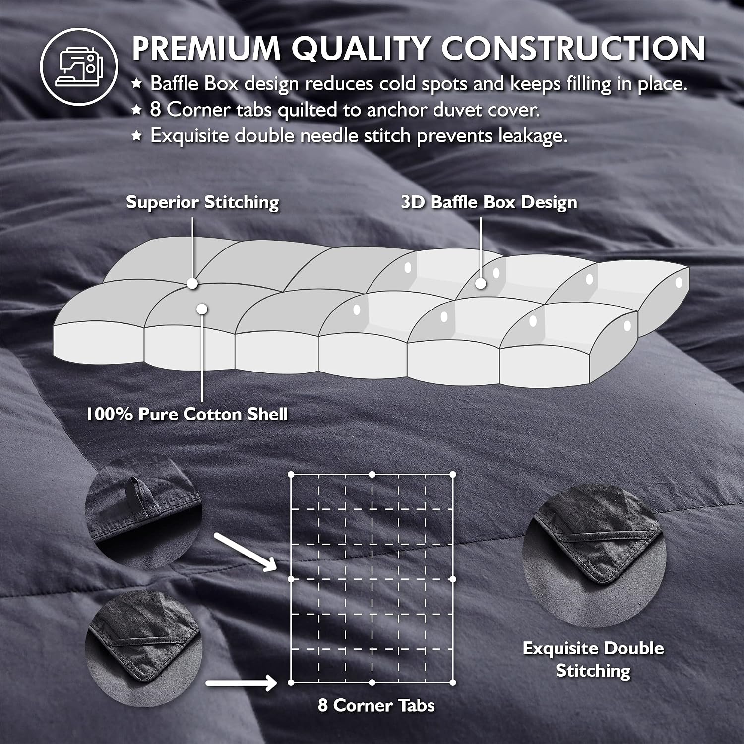 Luxurious Queen Size Goose Down Feather Fiber Comforter Duvet Insert, 100% Egyptian Cotton Cover, 60 oz. Fill Weight Comforter (Queen, Gray Solid)