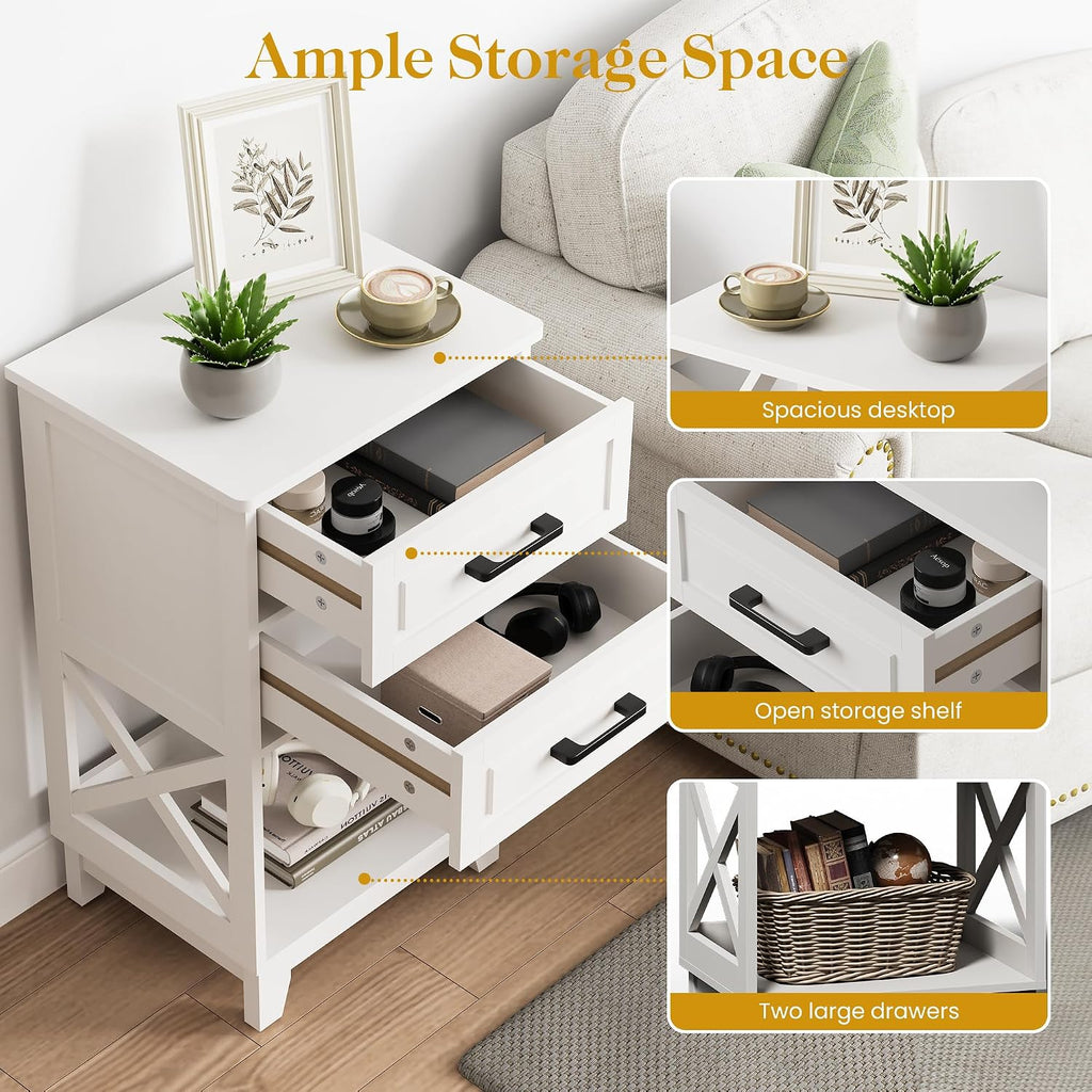 May in Color Nightstand Set of 2, 30' Tall Side Table with 2 Drawers and Open Shelf, Bedside Table with Solid Feet, Modern Night Stand End Table for Bedroom, Home Office, White