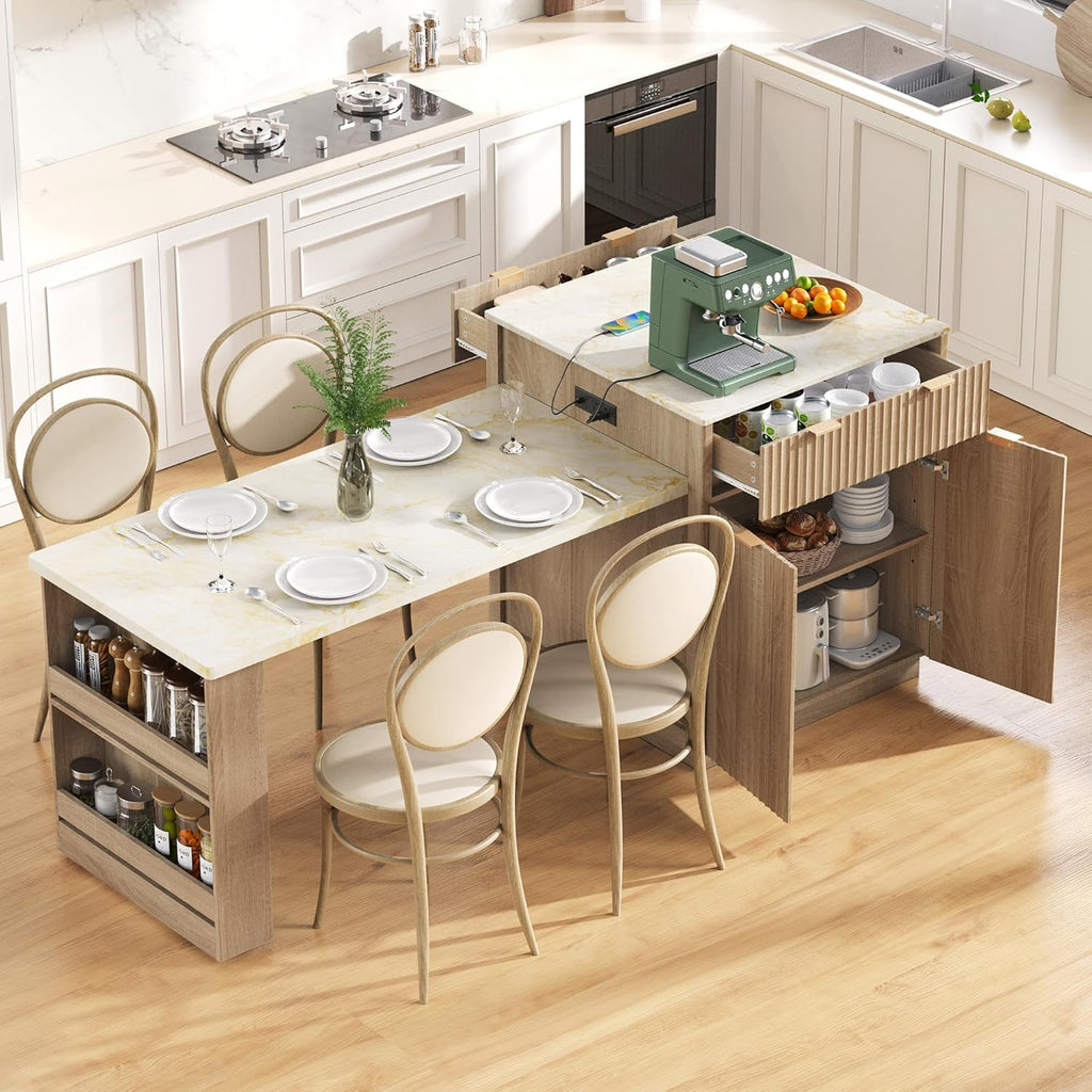 RUNNA 82.6' Fluted Kitchen Island with Extendable Dining Table for 4-6,Island Table for Kitchen with Power Outlet, Kitchen Table with Double-Side Storage, 2 Drawers 2 Side Open Shelves (Natural#18)