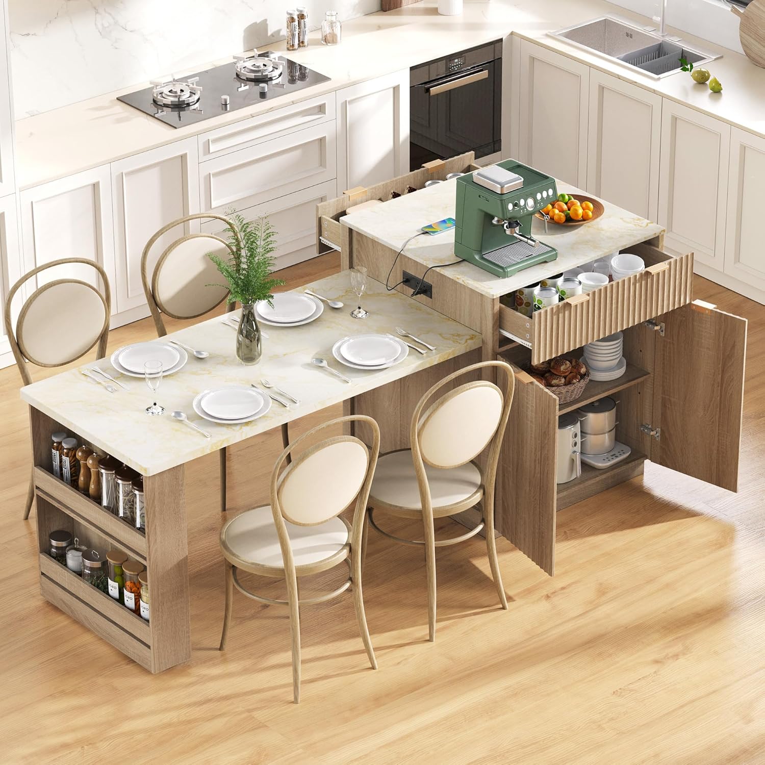 RUNNA 82.6' Fluted Kitchen Island with Extendable Dining Table for 4-6,Island Table for Kitchen with Power Outlet, Kitchen Table with Double-Side Storage, 2 Drawers 2 Side Open Shelves (Natural#18)