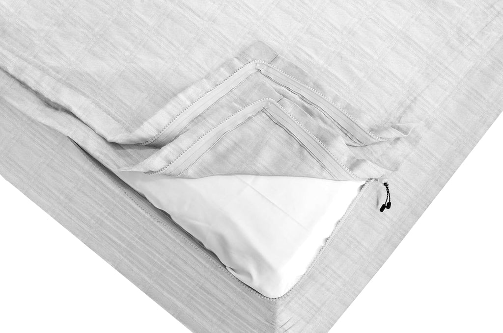 Check Grid Plaid Zipper Fitted Sheet - Includes 1 Fitted Sheet Base & 2 Zip-On Sheets - Upto 16' in. Deep Pockets Queen Size Zipper Fitted Sheet - Easy to Change, Cotton 600 TC - Grid Plaid White