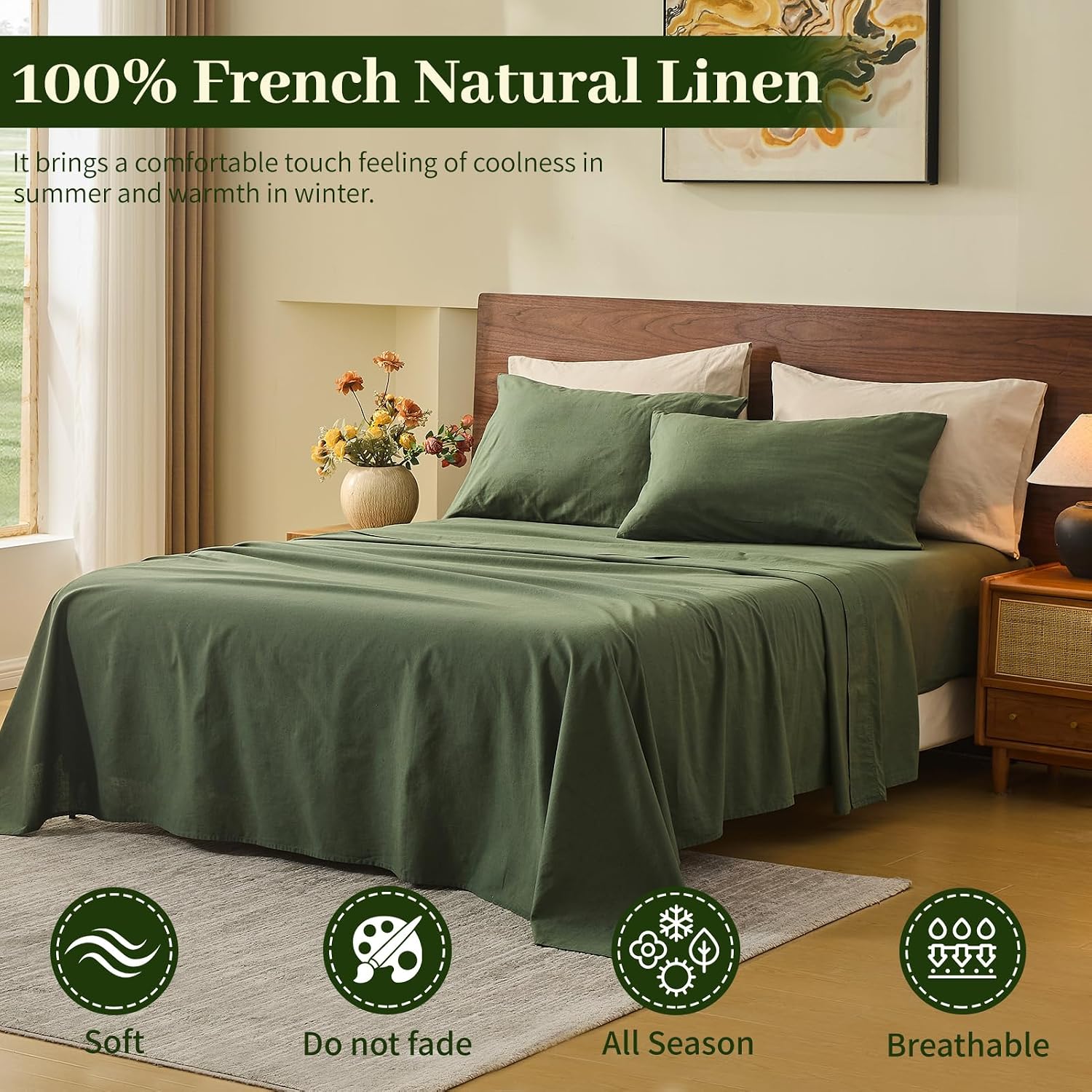 MEISHANG 100% French Pure Linen Sheets Queen Size - Bed Sheets 4 Piece Sets, Soft Durable Flax Linen, Anti-Tear Breathable Oeko-Tex Certified with 16' Deep Pocket (Forest Green)