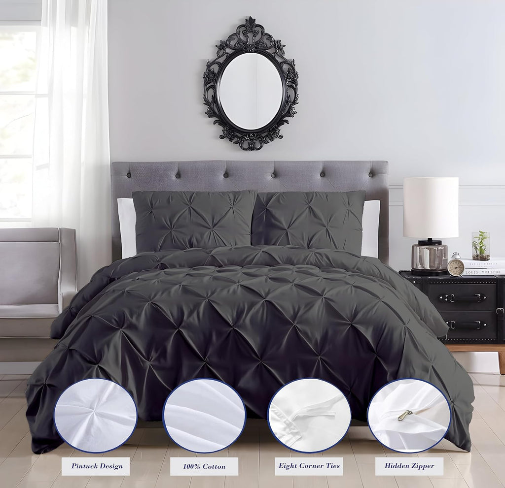 Pinch Duvet Cover Set Oversized Queen Size 1 Duvet Cover with 2 Pillow Shams 3-Pc Comforter Cover with Zipper Closure & Corner Tie 100% Egyptian Cotton Cover (98x98 Inch, Dark Gray)