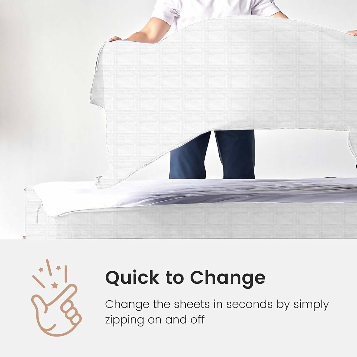 Check Grid Plaid Zipper Fitted Sheet - Includes 1 Fitted Sheet Base & 2 Zip-On Sheets - Upto 16' in. Deep Pockets Queen Size Zipper Fitted Sheet - Easy to Change, Cotton 600 TC - Grid Plaid White