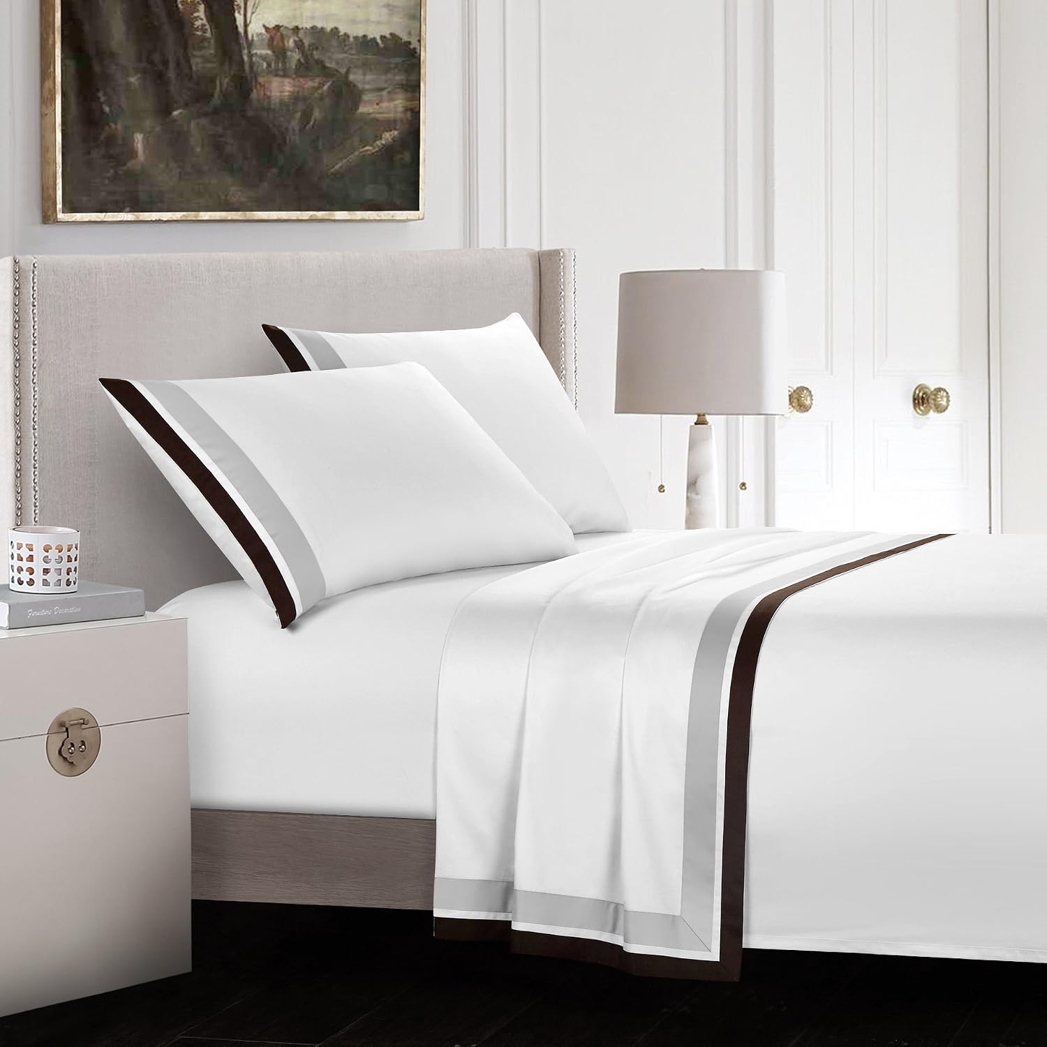 Casabolaj Shading 100% Egyptain Cotton Sateen Sheets Set,Hotel Collection Luxury Modern Style,400 Thread Count(White,Queen)