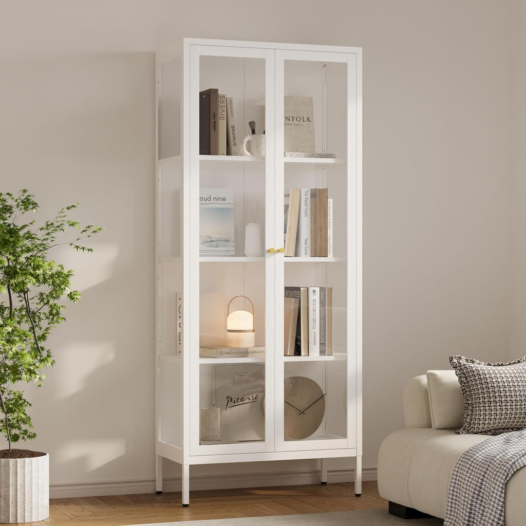 Glass Display Cabinet 4-Tier,66' H Metal Curio Cabinet with Glass Doors and 3 Adjustable Shelves,Display Case for Collectibles,Living Room (No Lights, White)
