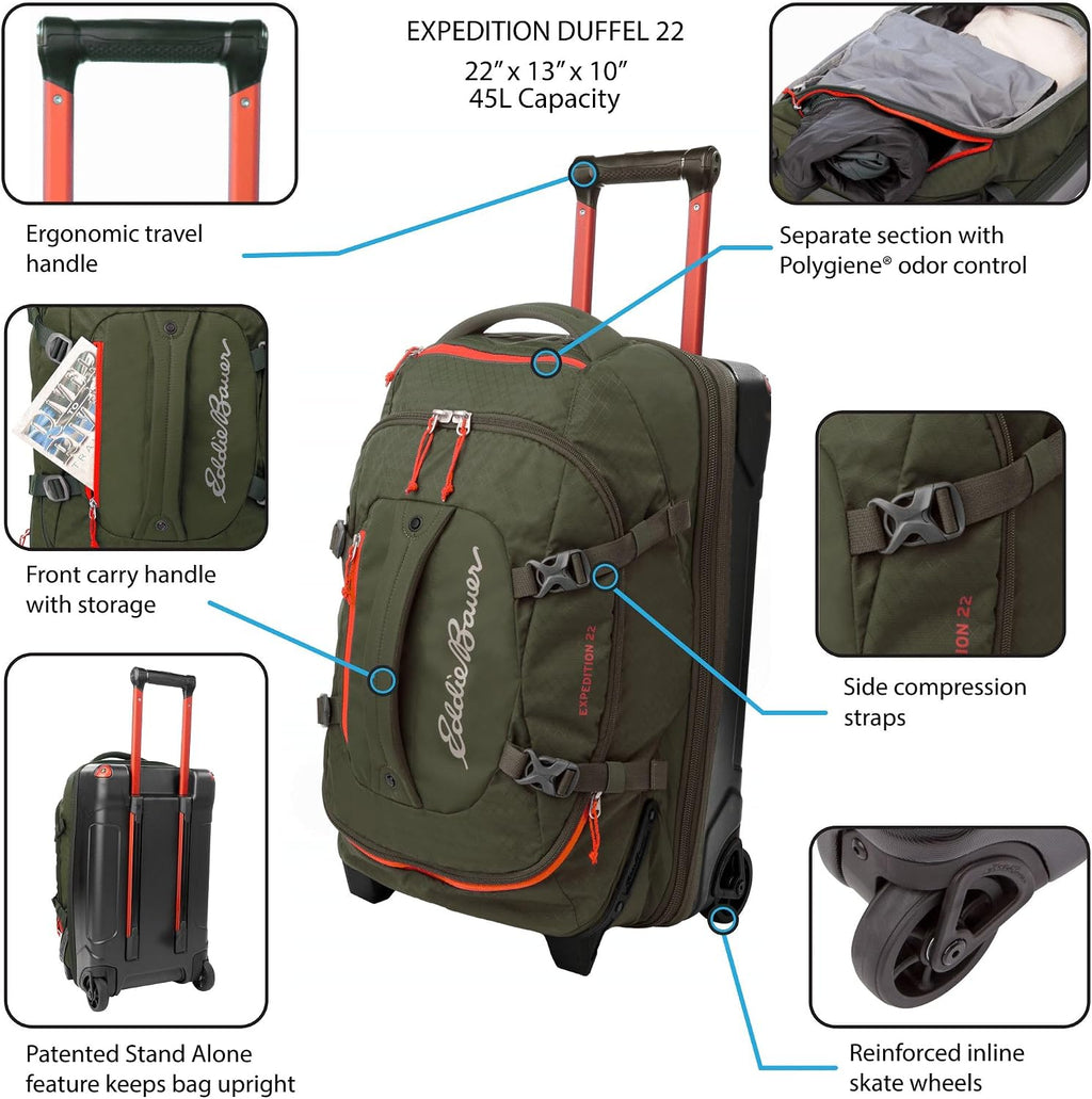 Eddie Bauer Expedition Rolling Duffel Bag with Wheels | Travel | Carry-On | Luggage | Rugged | Durable - Dark Thyme, 22'